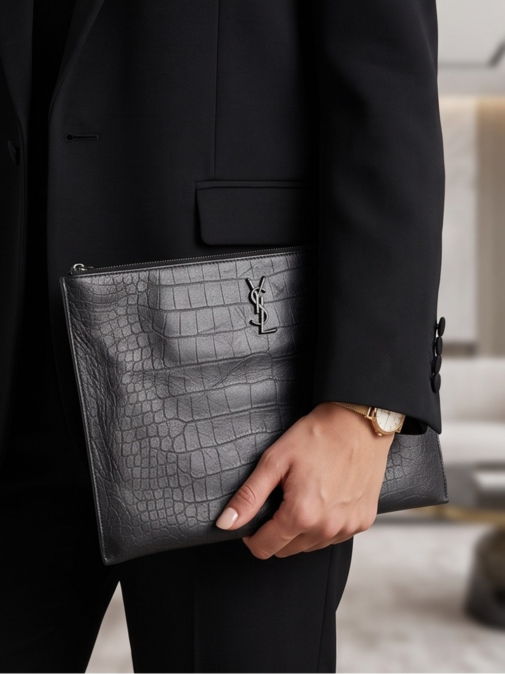 Saint Laurent Black Croc-Embossed Leather Toiletry Pouch